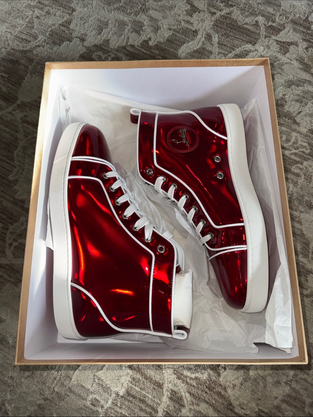 Christian Louboutin Metallic Red High-Top Sneakers with White Trim